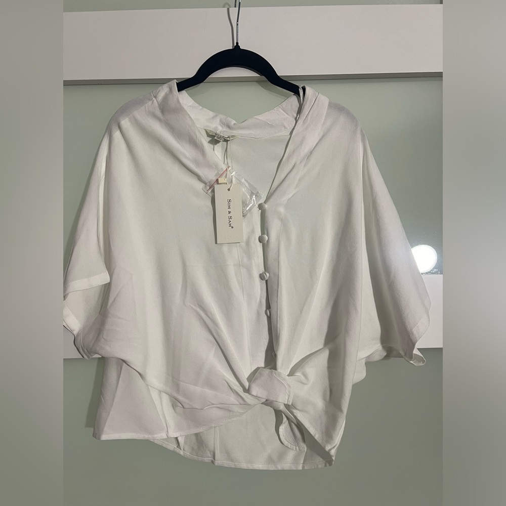 Sim & Sam Women's Blouse White Short Sleeve Solid Button Down size Small